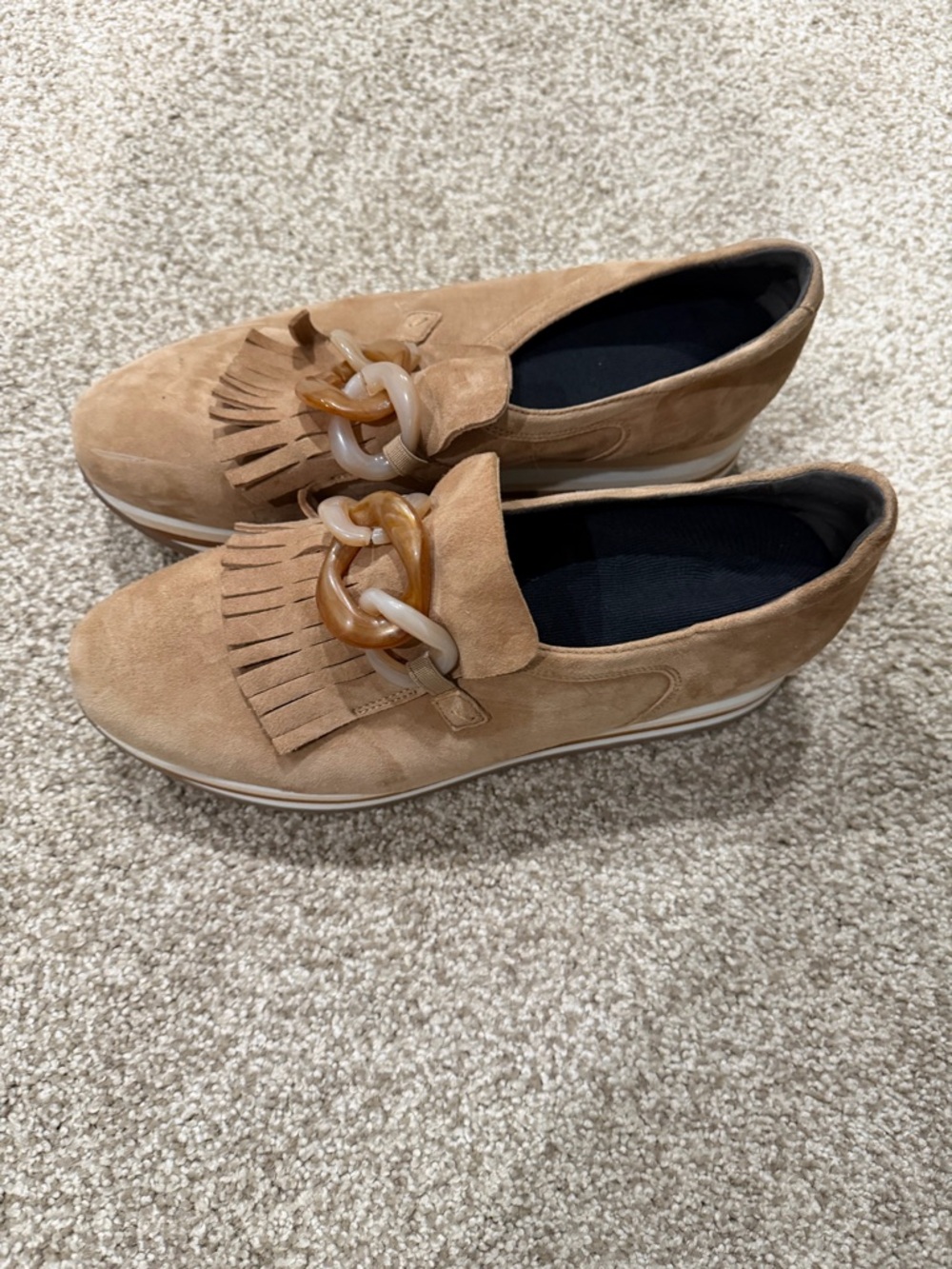 Softwaves Cadie Leather Fringe Slip-On Loafers in Camel